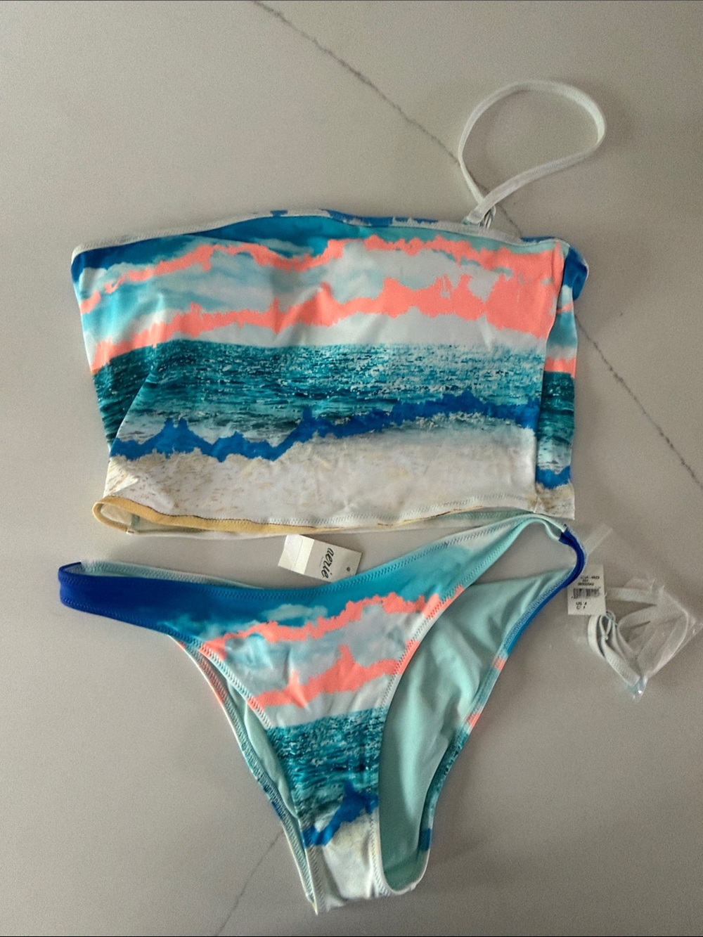 aerie Ocean Wave Bandeau Bikini/tankini in Blue, Teal & Coral